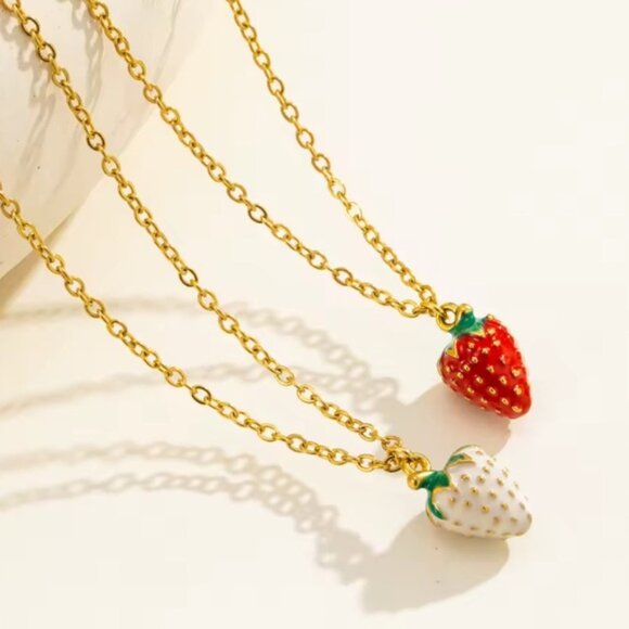 Red Strawberry 18K Gold Stainless Steel Non Tarnish Necklace - Picture 4 of 7